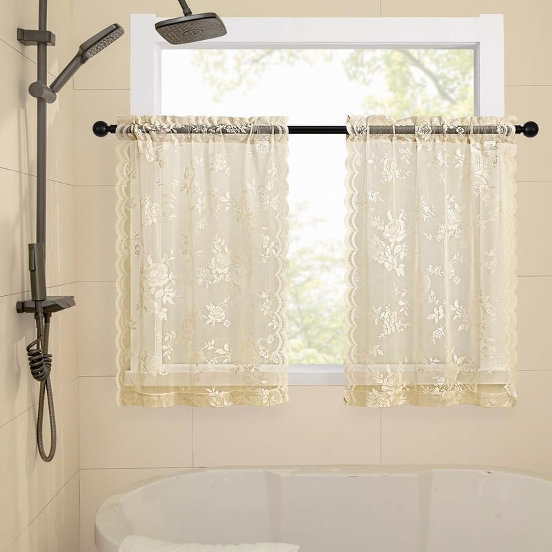 SEEKRIGHT Beige Lace Cafe Curtains 36 Inch Length Rod Pocket Privacy Sheer Short Kitchen Curtains 2 Panels Set Light Filtering Bathroom Small Window Curtain for RV Basement Laundry Camper, 26x36 - Image 3